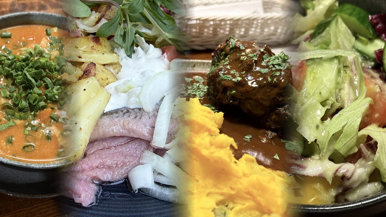 Highlights aus der Küche: Fischsuppe, Matjesfilet, geschmorte Ochsenbacke und Blattsalat